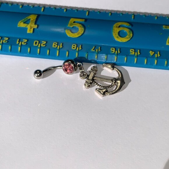 Large Anchor with Rope and Pink Gem Dangle Belly Ring - Picture 7 of 16